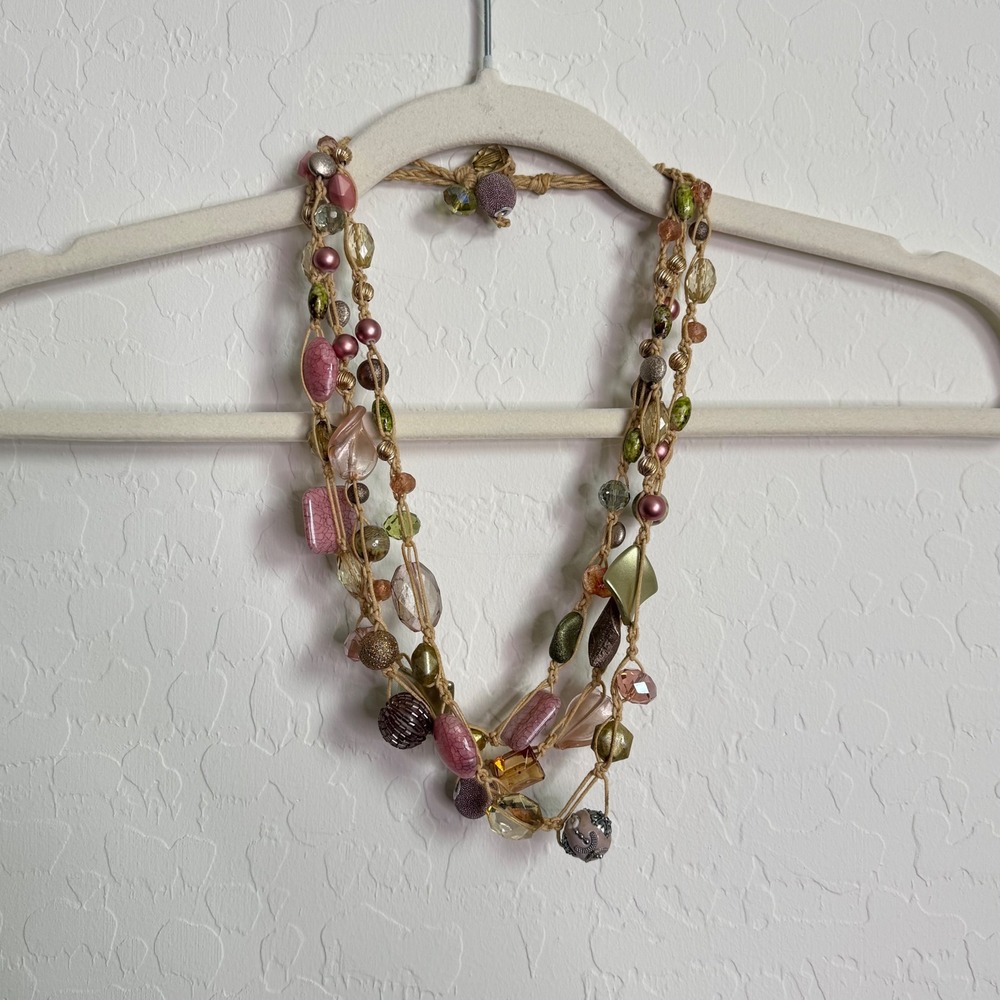Y2K Multi Strand Beaded Statement Necklace Pink Green Gold Knotted Cord Boho